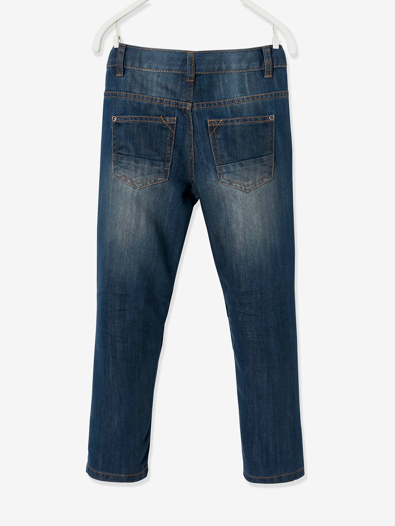Calça jeans indestrutível de perna reta para meninos, modelagem morfológica para quadris largos, corte slim, lavagem azul escura
