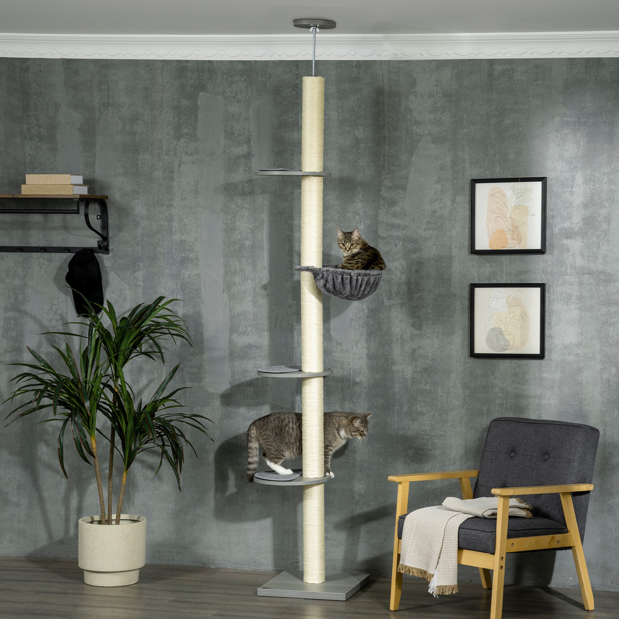 PawHut Deckenhoherkratzbaum mit Hängematte grau, natur 40L x 40B x 230-250H cm