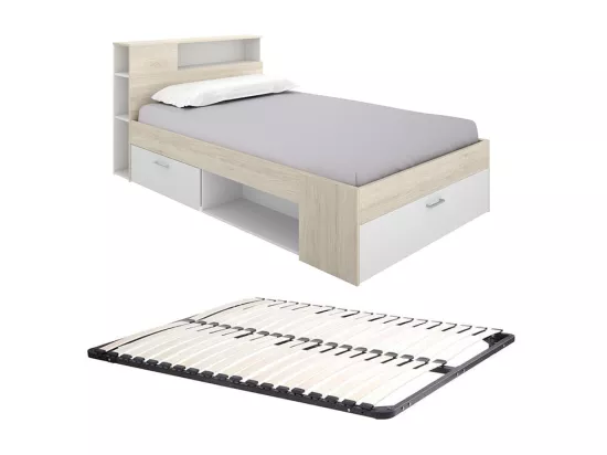Lit avec tête de lit rangements et tiroir - 120 x 190cm - Coloris : Naturel et blanc + Sommier - LEANDRE