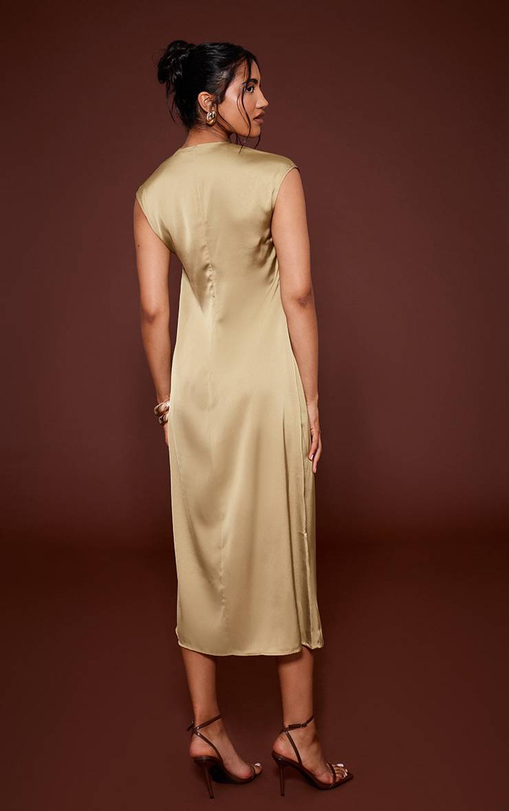 Vert Olive Robe Droite En Satin À Manches Courtes