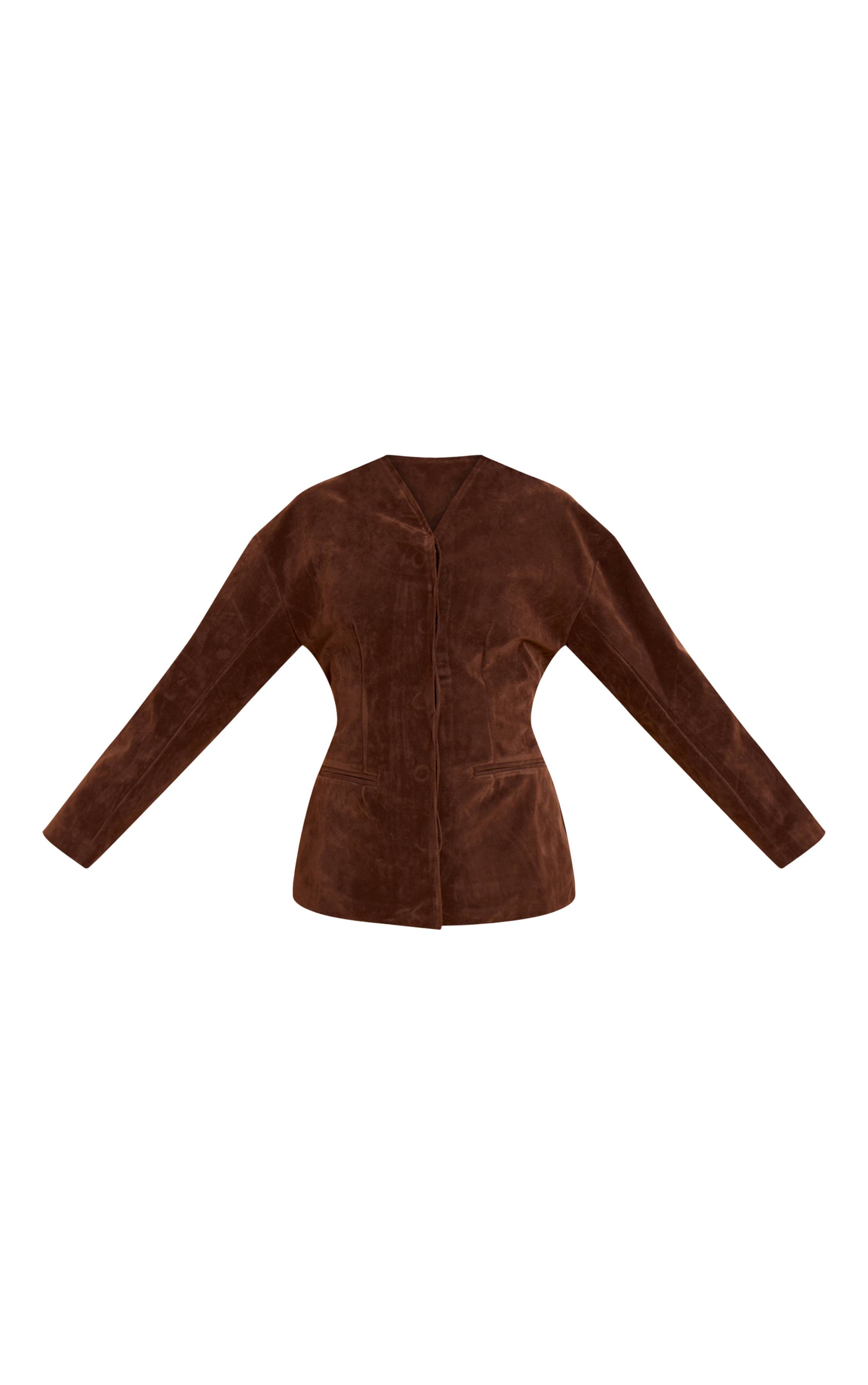 Marron Foncé Ensemble Blazer Sans Col En Synthétique À Manches Cocon