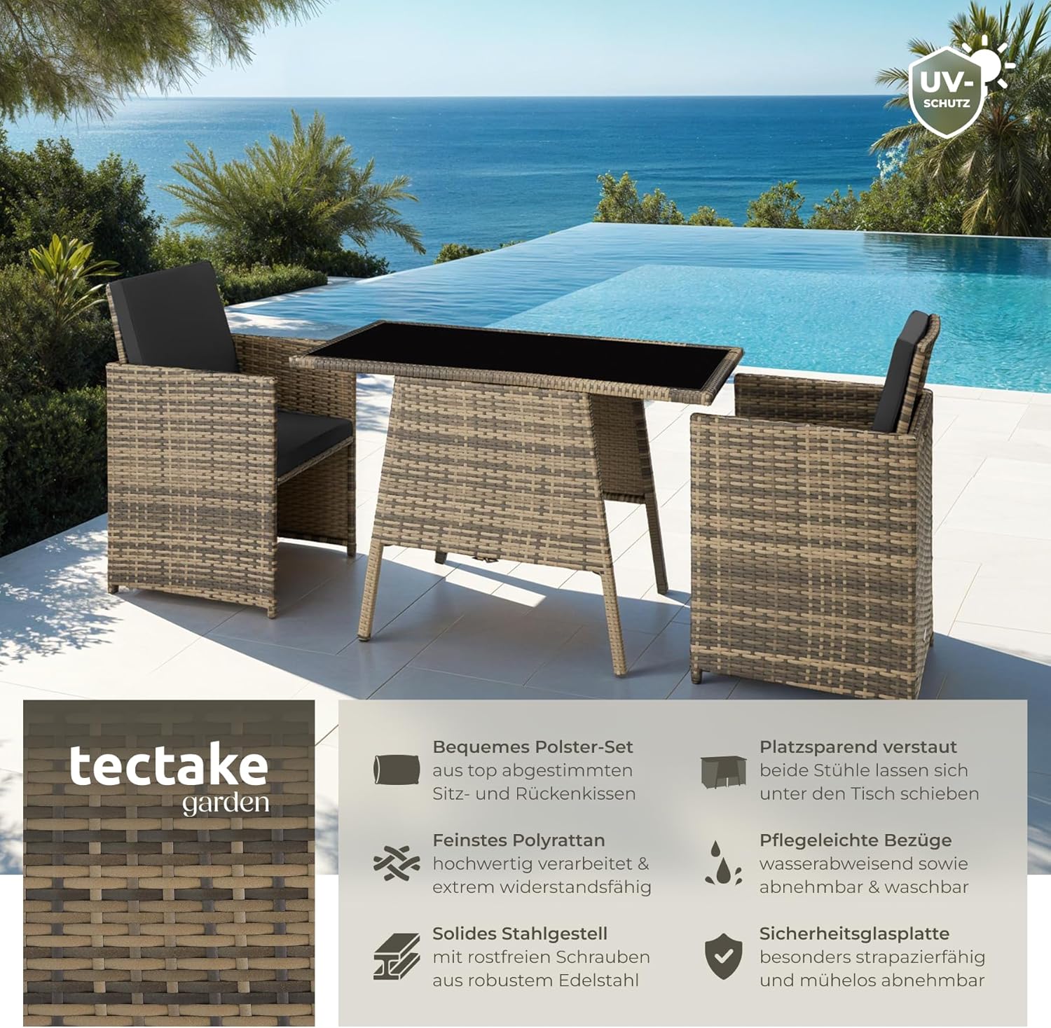 tectake® Poly Rattan Sitzgruppe für 2 Personen, Outdoor Möbel platzsparend zusammenschiebbar, 2 Sessel & 1 Tisch, ideales Balkon Lounge Set, Gartenmöbel, Terrassenmöbel wetterfest - Natur