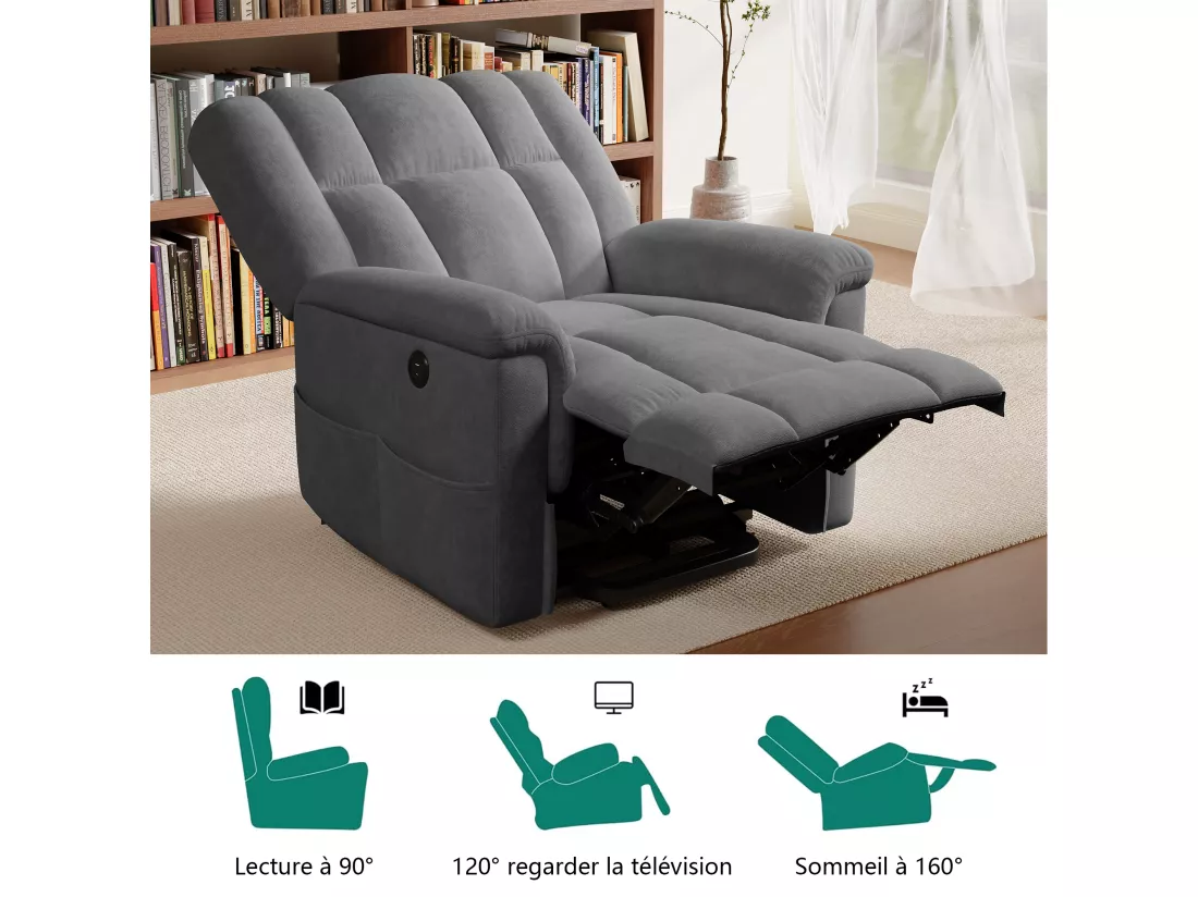 Fauteuil de massage électrique, massage lombaire 8 points + chauffage 2 points, port USB + TYPE C, velours, gris