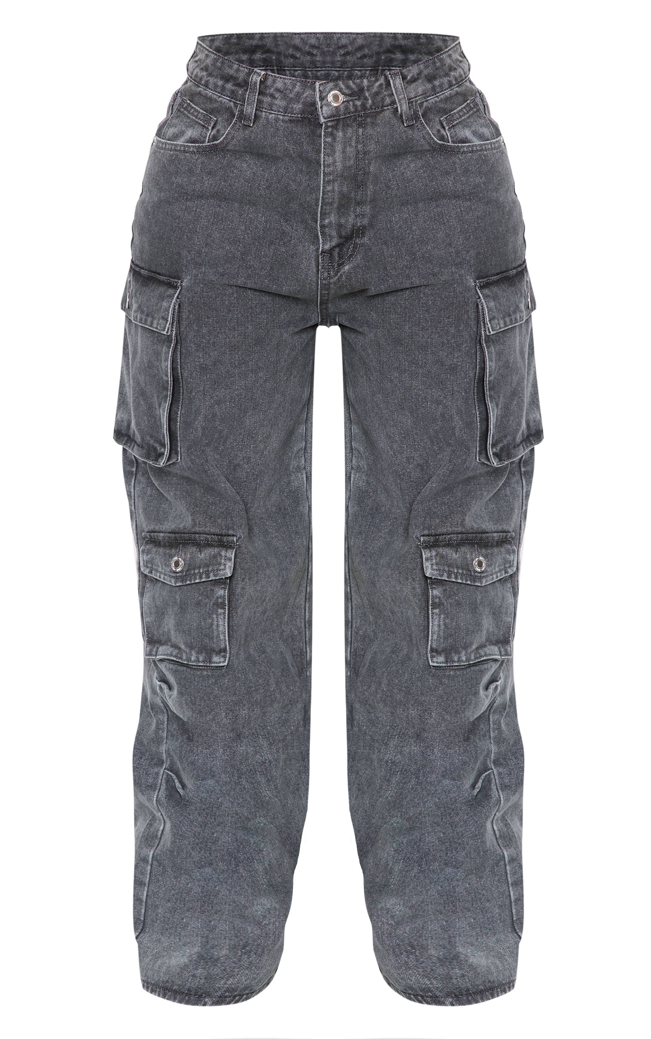 Charbon Jean Cargo Délavage Délavé Détail Poche Forme Ajustée