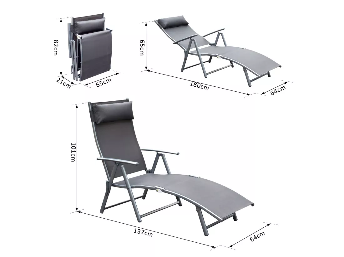 Outsunny transat chaise longue bain de soleil pliable dossier inclinable multi-positions têtière fournie 137L x 64l x 101H cm métal époxy textilène gris