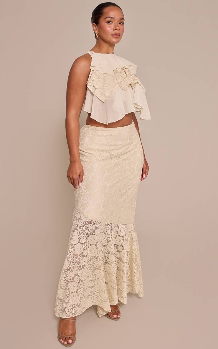 Pale Yellow Jupe Maxi Évasée En Dentelle Crème Beurre Sculptante