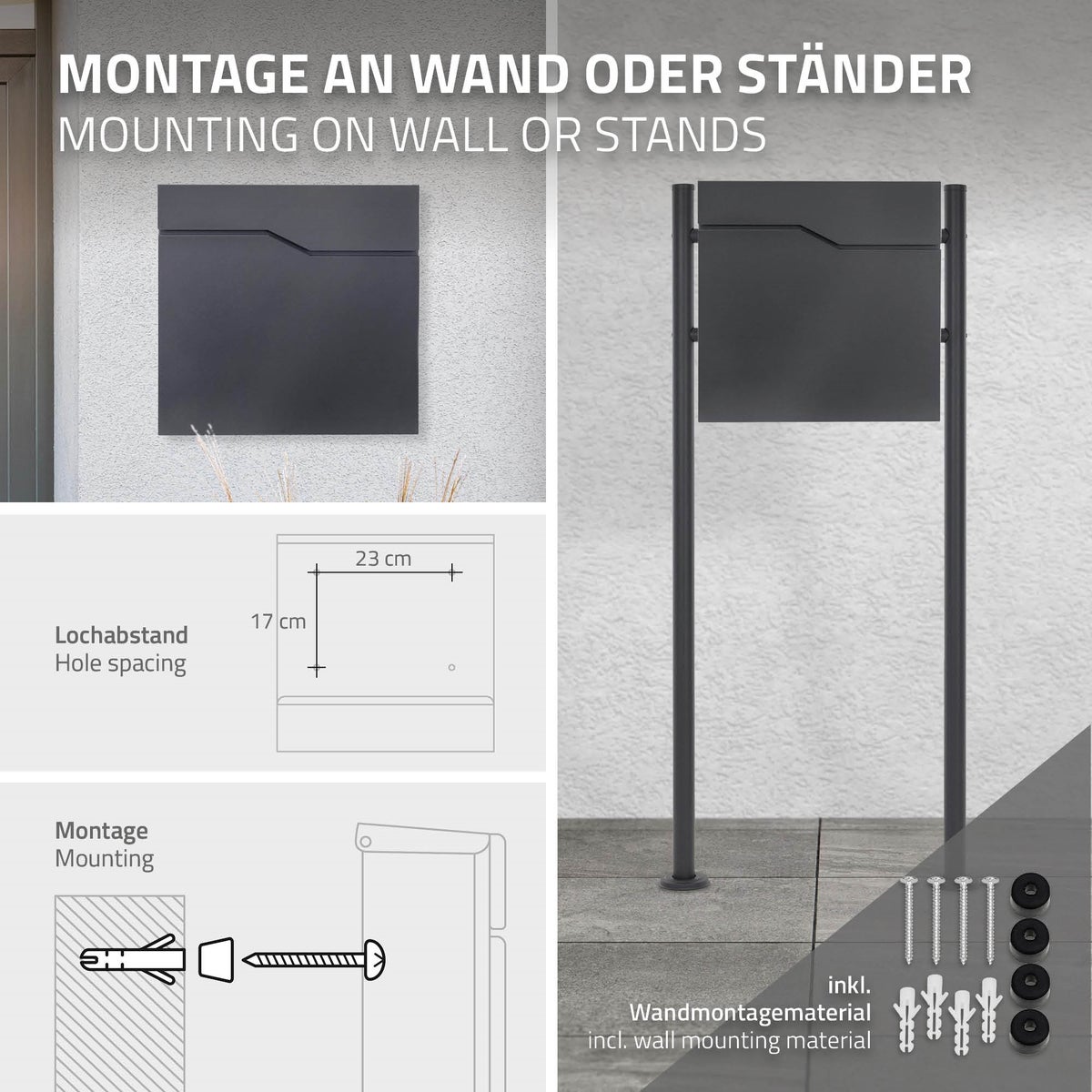 ML-Design Brievenbus, Antraciet RVS Gepoedercoat, 37x37 cm, Brievenbus met krantenvak, Afsluitbaar met 2 sleutels, Moderne Design Wandbrievenbus met krantenrol, Brievenbus voor Wandmontage