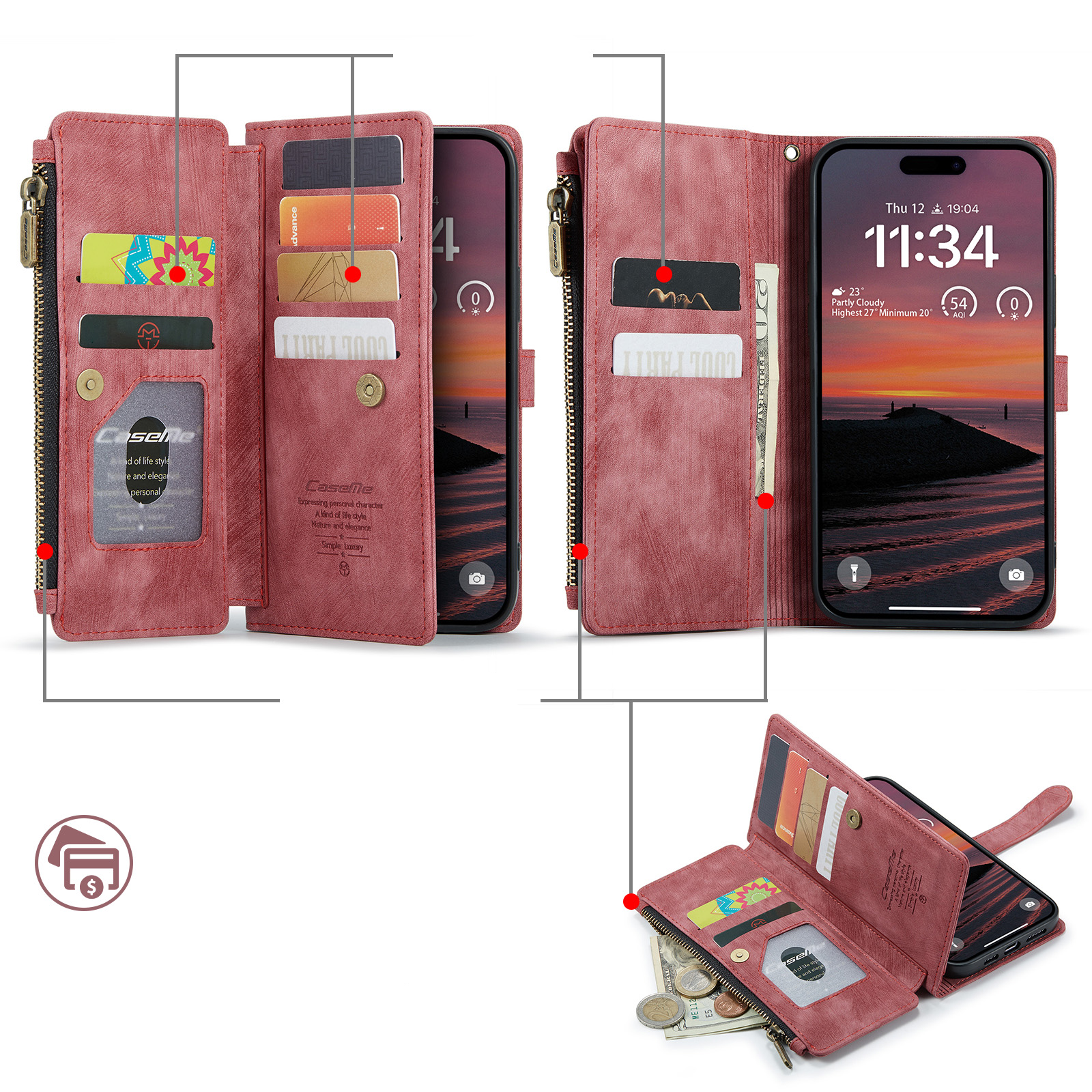 iPhone 17 Pro 2in1 Leder Tasche Karten Etui - Dunkelrot