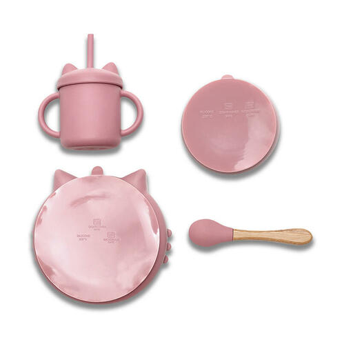 Set 4 pièces silicones avec bol + assiette + tasse et cuillère ROSE - LORELLI