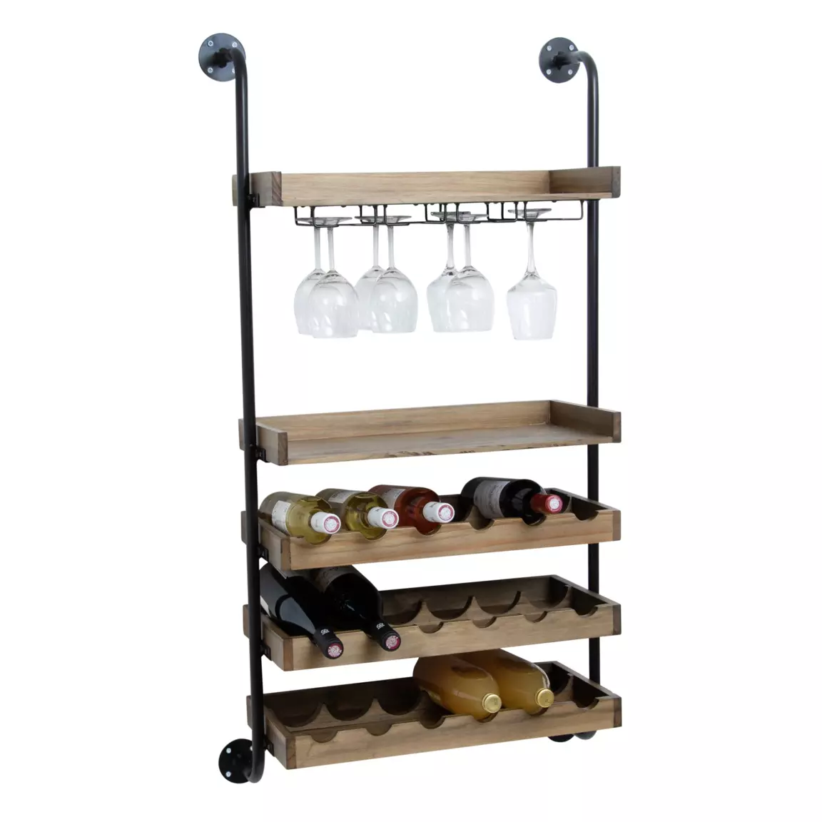 Meuble range-bouteilles mural bois et métal 18 emplacements et porte-verres (H120 cm) Isaac Marron