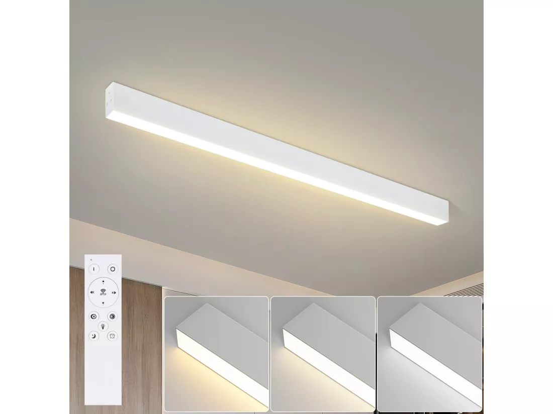 NETTLIFE Plafonnier LED Blanc 32W Moderne Dimmable 107CM Lampe de Salon Longue Lampe de Bureau avec Télécommande