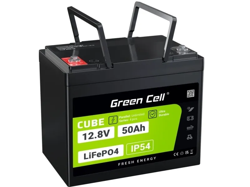 Green Cell LFPGC12V50AH, Lithium jern fosfat (LiFePO4), 12 V, Sort, Grøn, 50 At, 640 Wh, 75 A