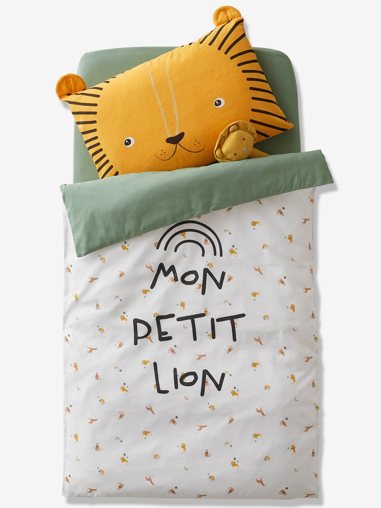 Fronha para bebê Mon petit lion, tamanho médio, laranja, lisa com estampas.