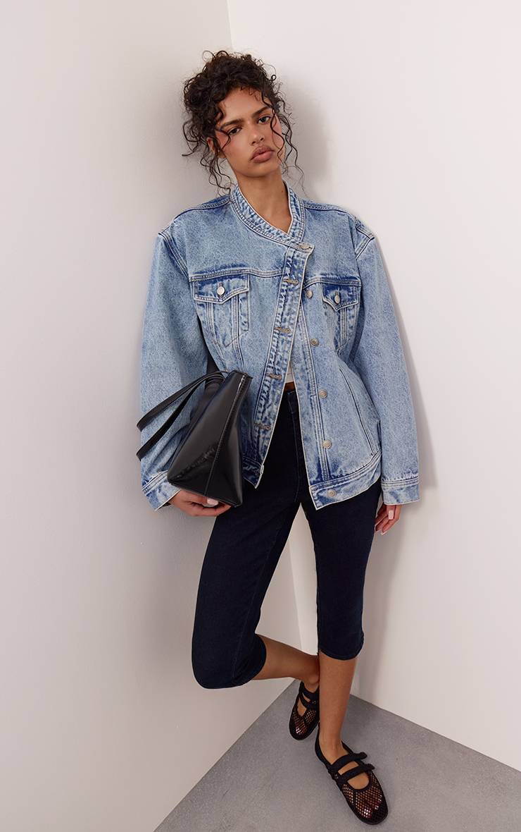 Mid Blue Wash Veste En Jean Boutonnée Asymétrique