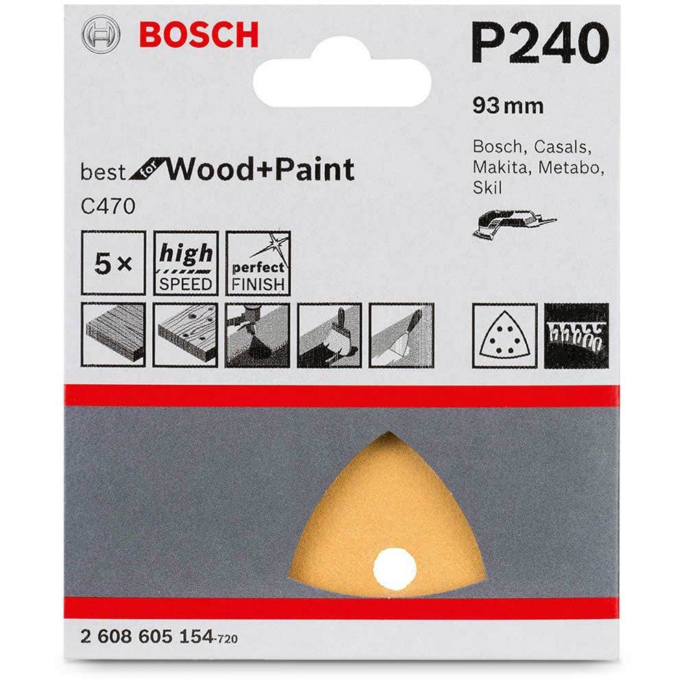 BOSCH 93mm 240-Grit 6-Hole Hook & Loop Delta Sanding Sheet for Wood & Paint - C470 - 5 Piece