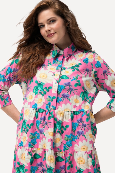 Hemdblusenkleid, Blüten, A-Linie, Hemdkragen, 3/4-Arm