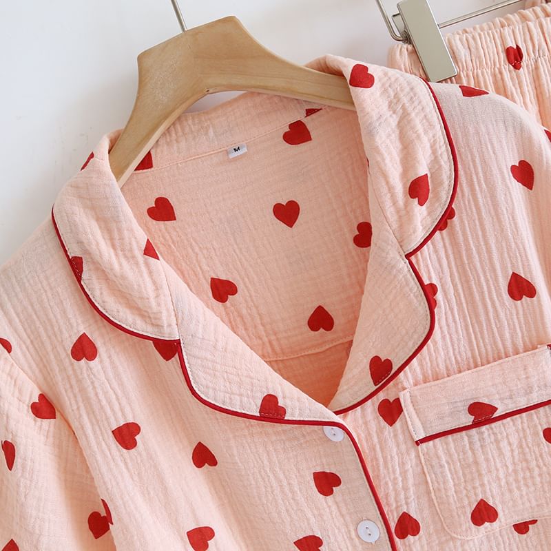 MelMount - Pyjamaset: shirt met korte mouwen en hartjesprint + korte broek + broek