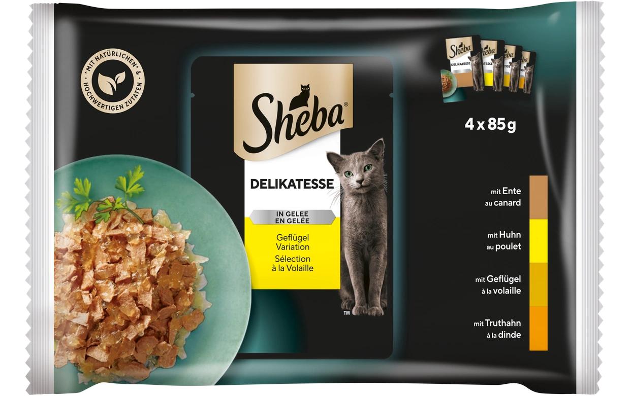 Nassfutter Delikatesse Gelee Geflügel Variation, 4 x 85gAlleinfuttermittel für ausgewachsene Katzen