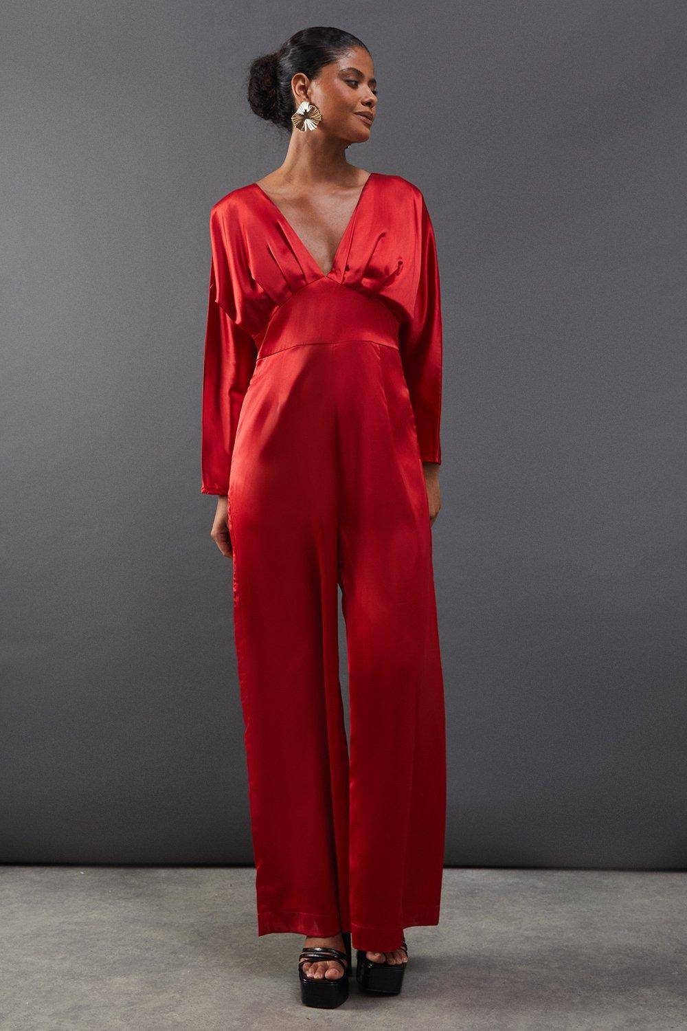 Warehouse Combinaison Pantalon Large en Satin à Manches Chauve-Souris