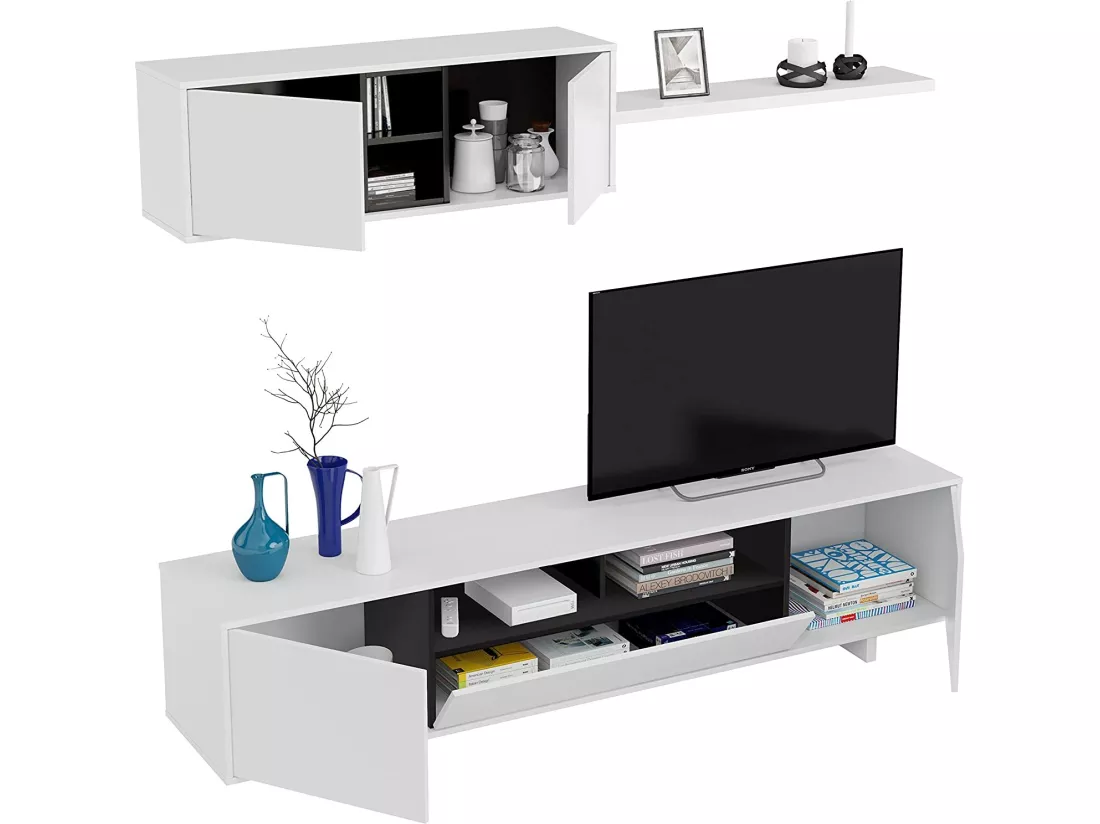 Meuble TV avec 3 portes et 1 Niche de rangement coloris blanc brillant / gris anthracite -  H46 x L200 x P41 cm
