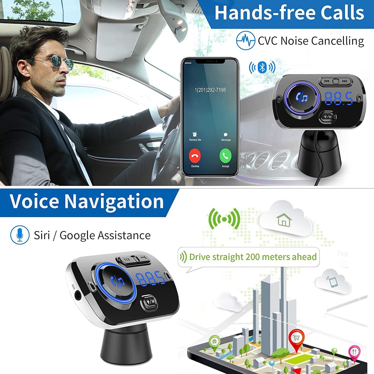 Trådløs FM-sender for bilen, Bluetooth 5.0 - Svart