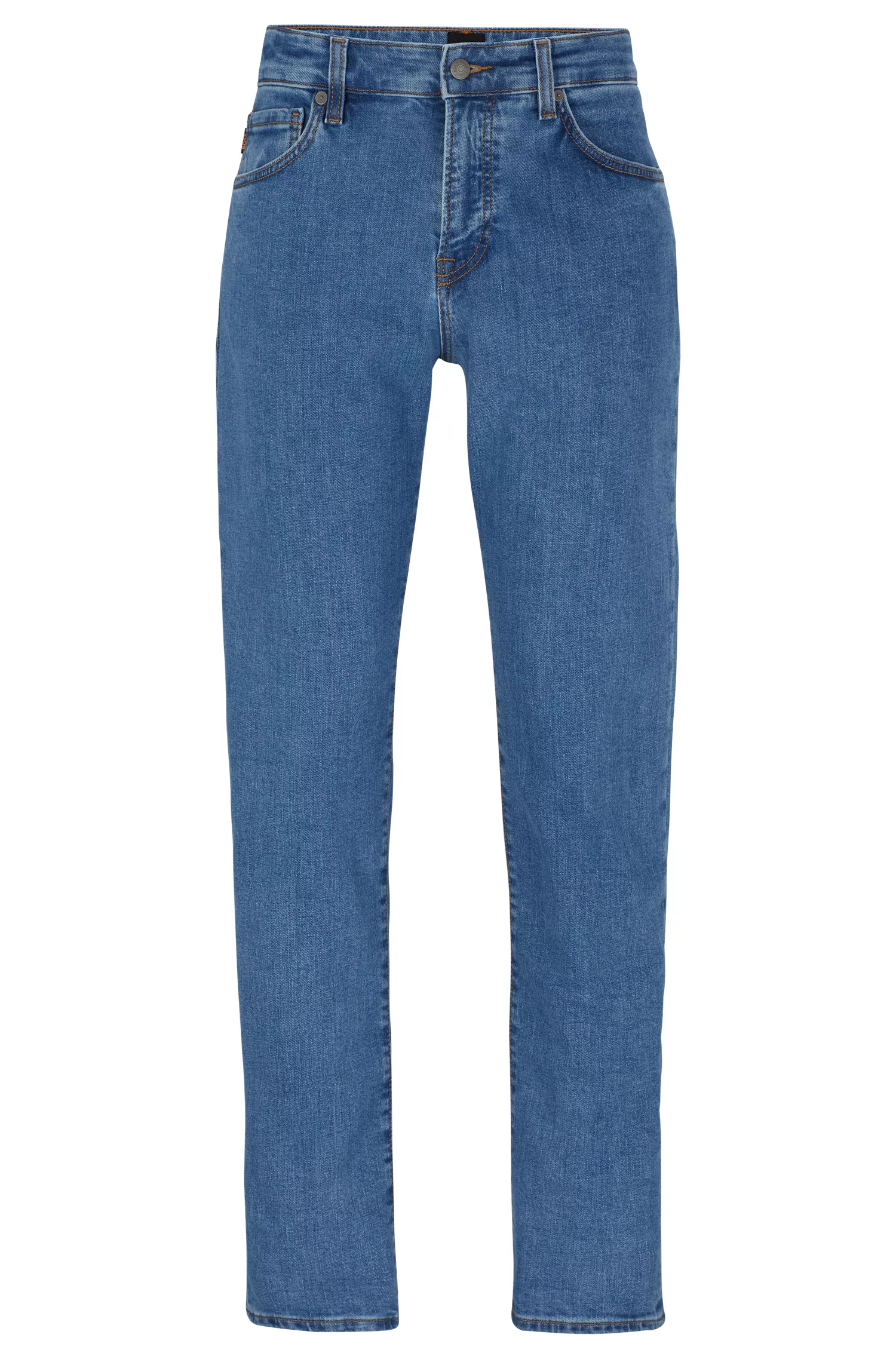 Calça jeans BOSS laranja, corte regular, em denim azul com elasticidade confortável.