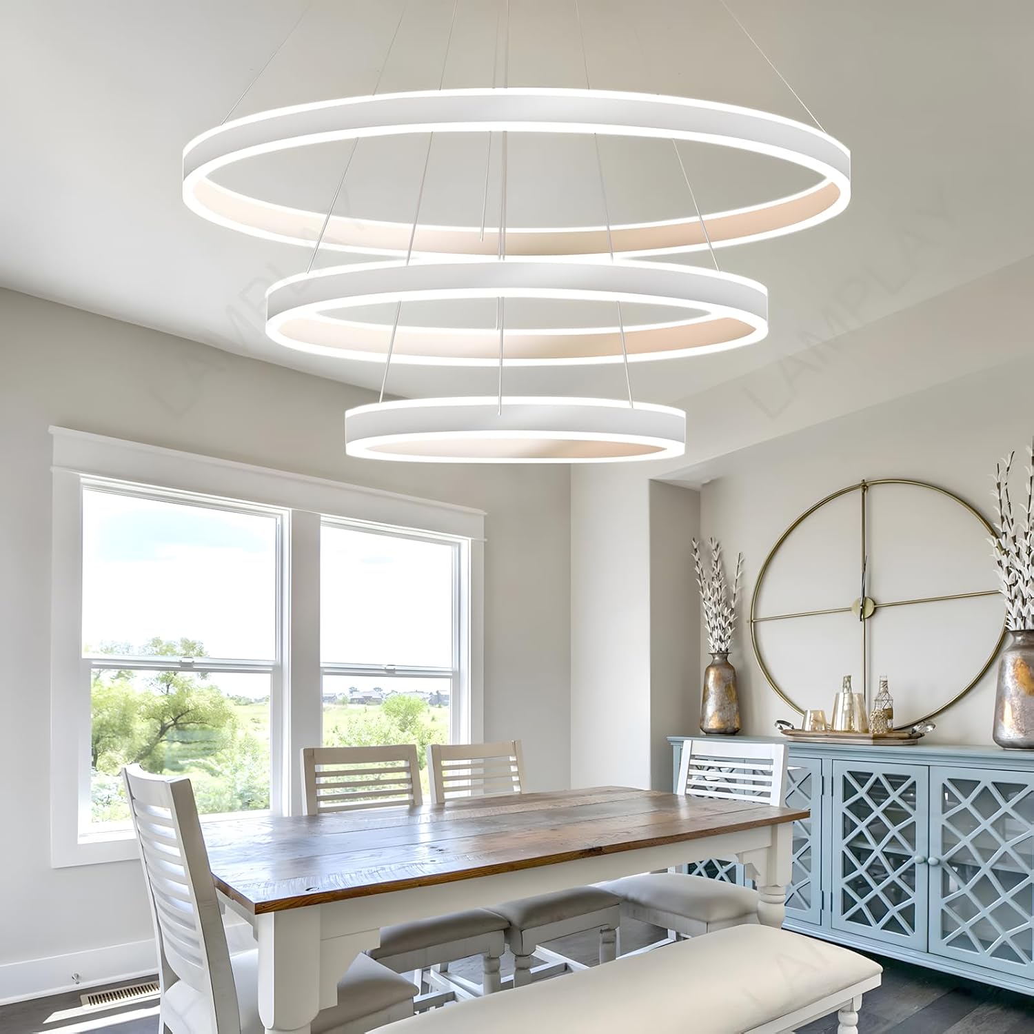 Runde Moderne LED-Pendelleuchte, 3 Weiß Ring-Kronleuchter, Dimmbar Mit Fernbedienung 3000K-6000K Deckenleuchte, Höhenverstellbar, Foyer, Wohnzimmer, Schlafzimmer, Esszimmer(Ø40+60+80cm)