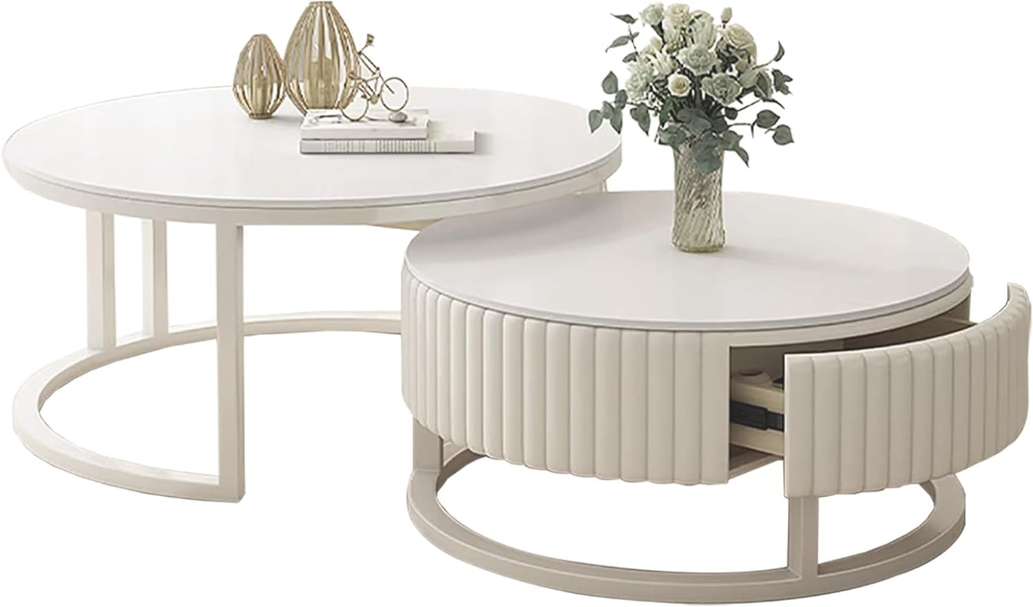 Weiss Couchtisch Rund 2er Set Moderner Hochglanz Sofatisch Beistelltisch Für Wohnzimmer, 50+70cm Nested Runder Couchtisch Wohnzimmertisch Kaffeetisch Satztische Für Schlafzimmer