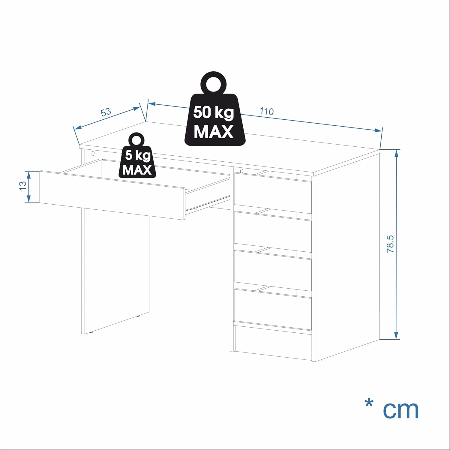 KOMTO Schreibtisch mit 5 Schubladen Weiß – Computertisch, Bürotisch, Kinderschreibtisch mit Stauraum, PC Tisch für Jugendzimmer | Arbeitstisch PLIO 110 x 53 x 78,5 cm