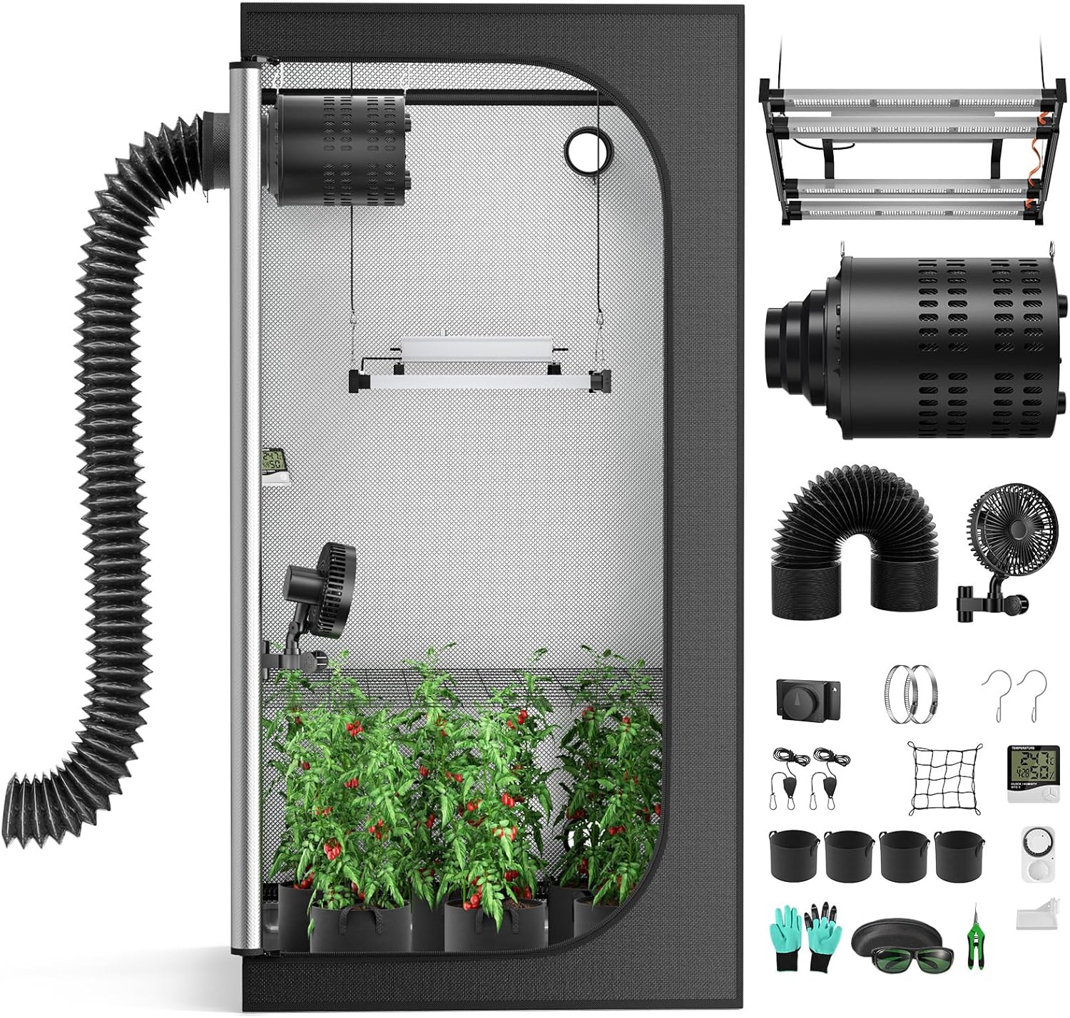 Growzelt Komplettset 200x100x100cm, 240W LED Dimmbar Grow Lampe mit Aktivkohlefilter Belüftungssystem Growzelt Kit Komplettes mit Temperatur Controller Hydroponics Grow Zelt
