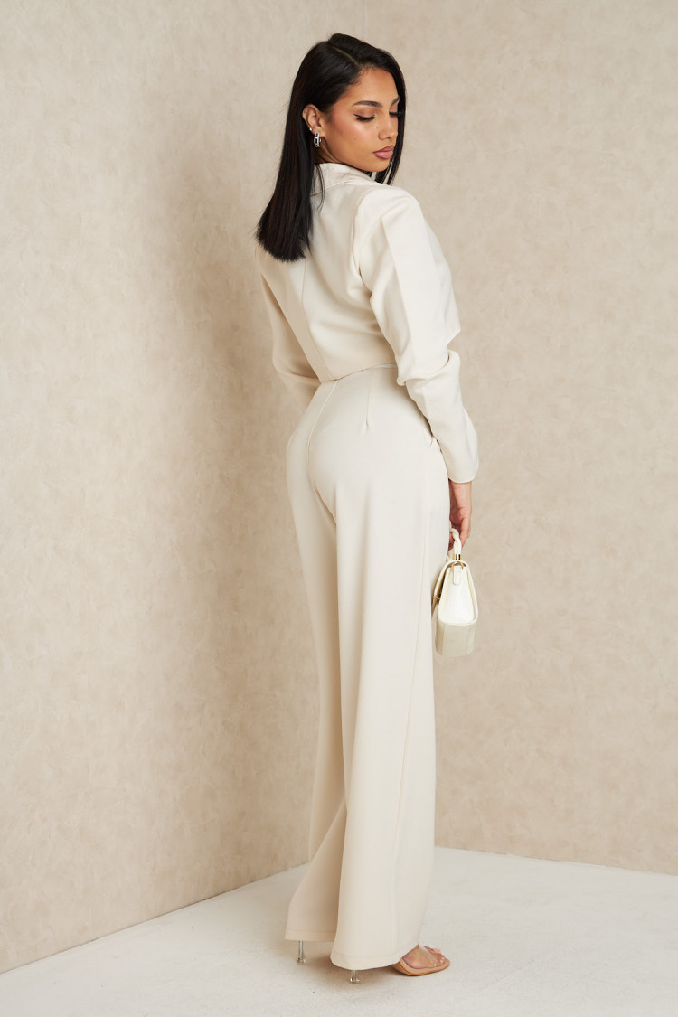 Ensemble 2 pièces blazer court + pantalon tailleur beige
