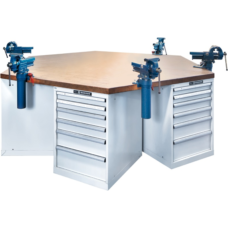 Pôle de 6 établis hexagonaux Lista H 84 x L 250 x P 216, 5 cm, plateau en multiplex, 6 x 4 tiroirs