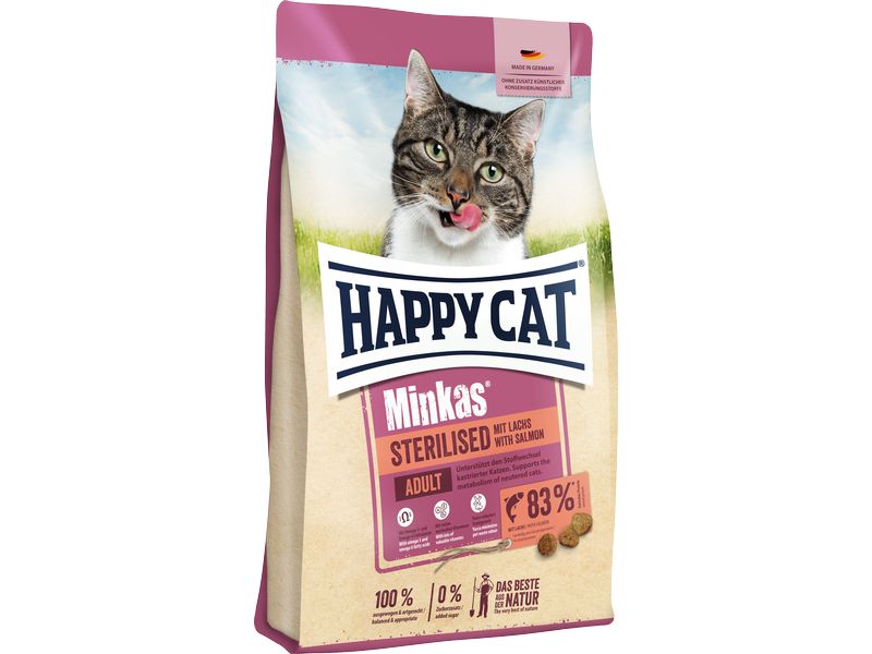 Happy Cat Trockenfutter Minkas Sterilised Lachs, 1.5 kg Alleinfuttermittel für kastrierte Katzen mit Lachs