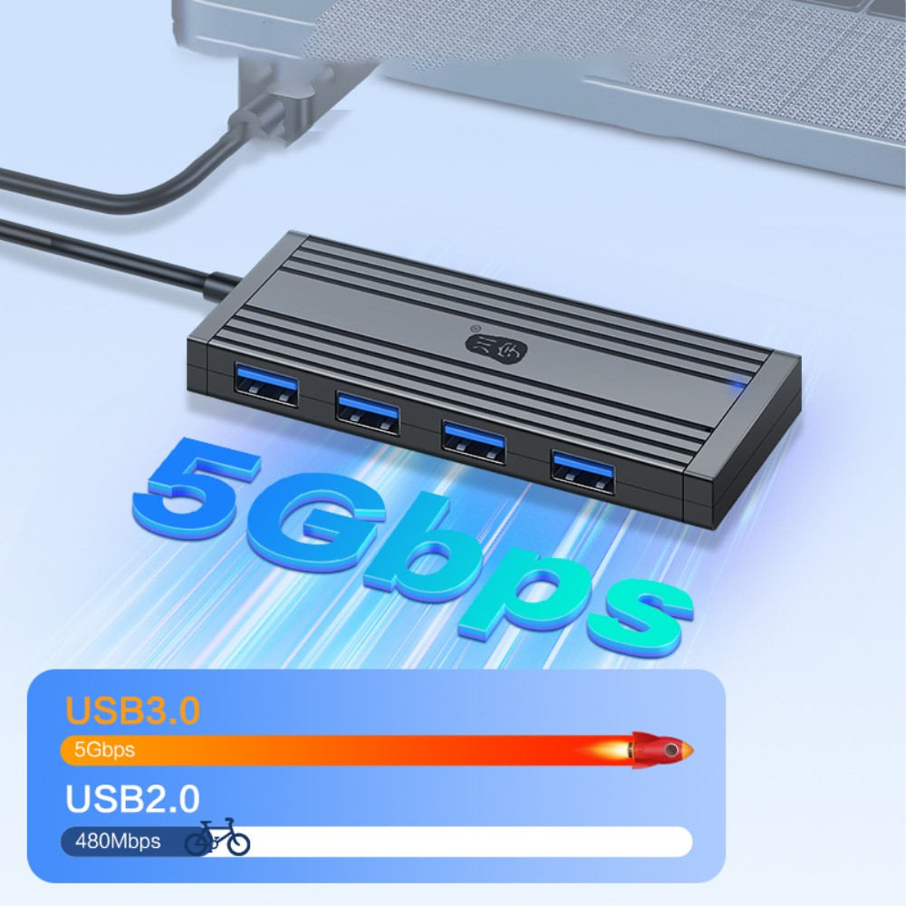(1.2m) USB A 3.0 Multiport Adapter Hub mit 4x USB A 3.0 Anschluss (5Gbit/s) - Schwarz