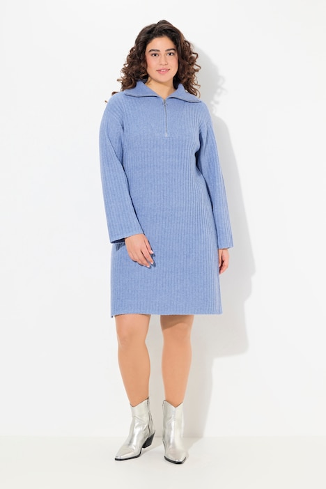 Strickkleid, A-Linie, Rippstrick, Troyerkragen, Langarm
