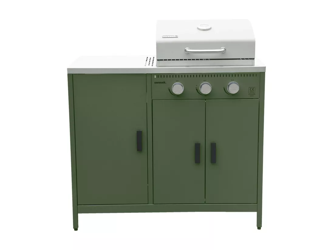 Barbecue gaz 3 brûleurs. vert. 3 portes et 2 espaces de rangement