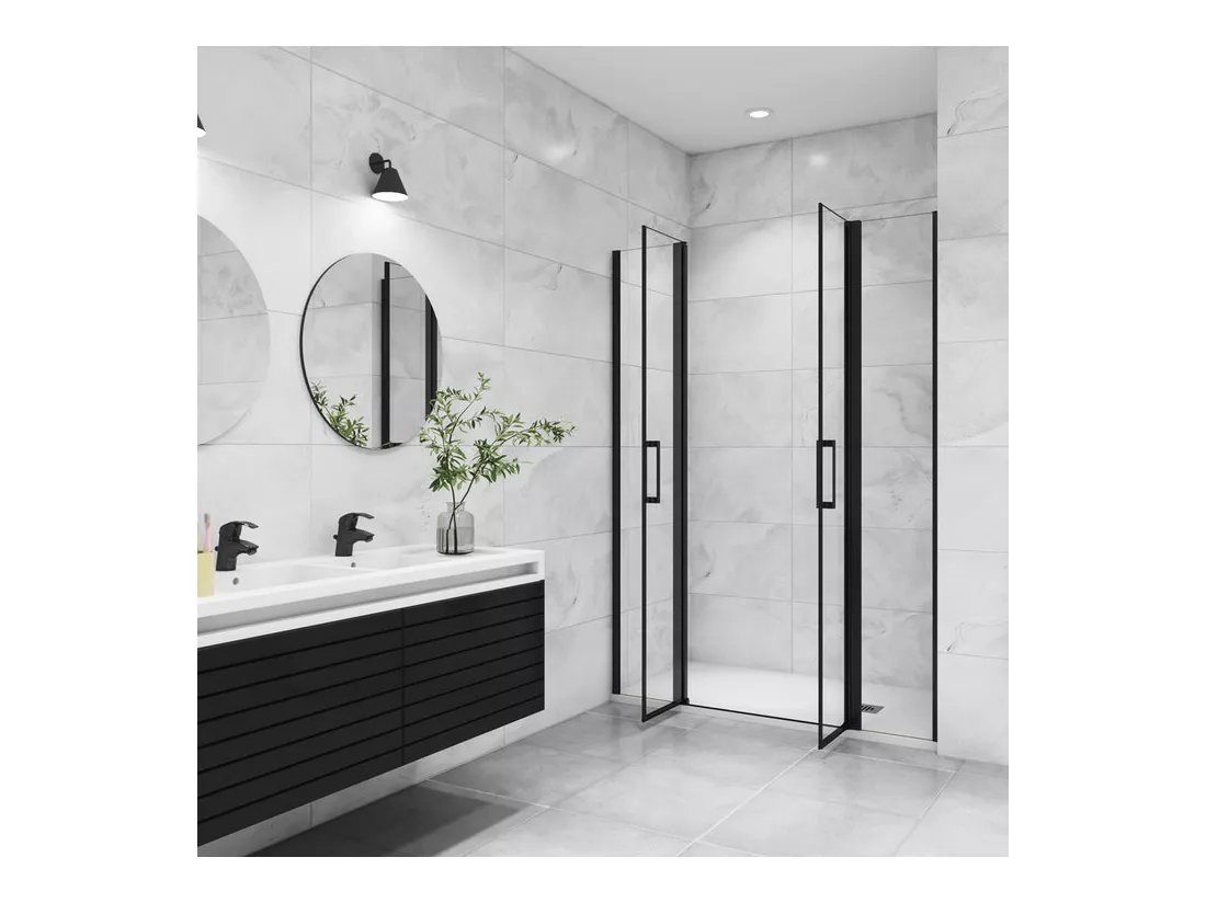 Porte de douche battante 155x200cm avec 2 éléments fixes Profilé noir mat, Porte de douche Hauteur 200cm en verre anticalcaire