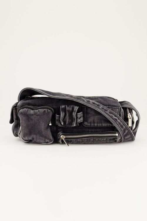 Grijze denim schoudertas met vakjes en ritsen