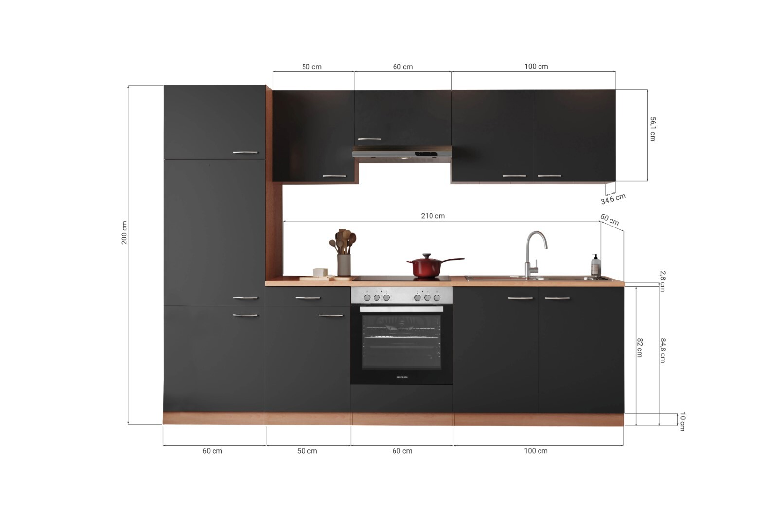 RESPEKTA Küchenblock GERDA - grau - mit E-Geräten - Glaskeramikkochfeld - 270 cm