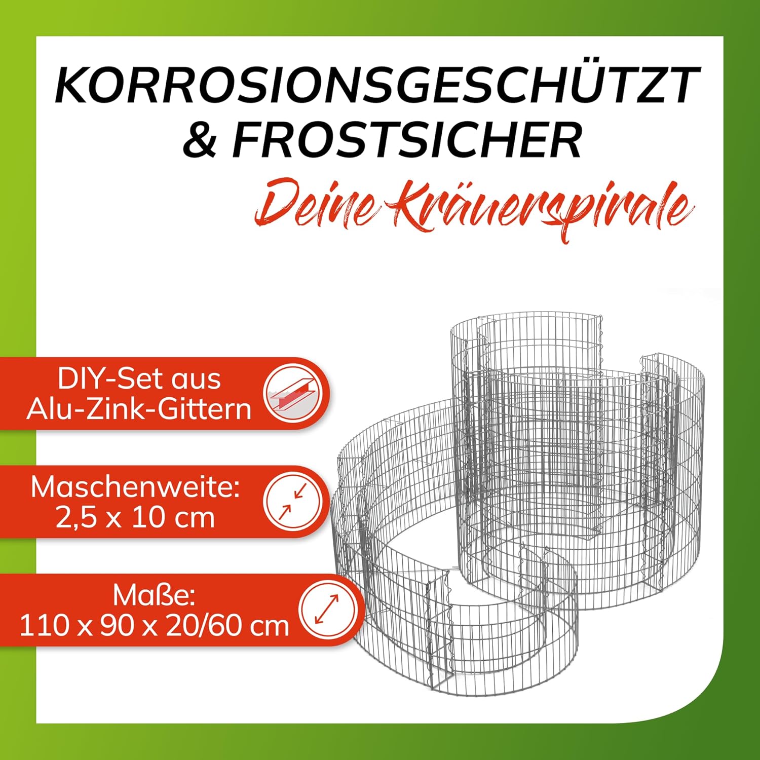bellissa – Gabionen Kräuterspirale verzinkt 110x90x60cm - Kräuterschnecke Bausatz - Hochbeet Pflanzring für Kräuter & Gemüse mit Trennfolie - Witterungsbeständig & langlebig - Für Garten & Terrasse
