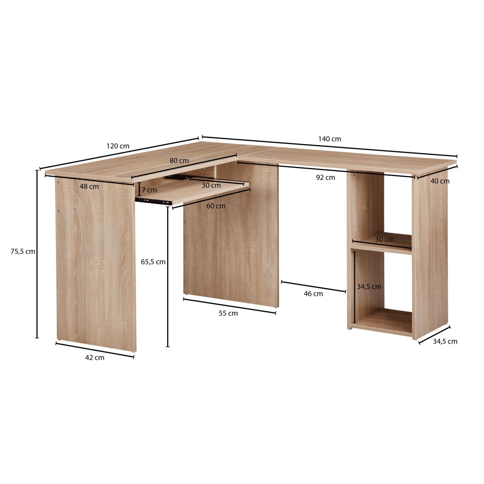 Eckschreibtisch - Sonoma Eiche - 2 offene Fächer - 140x120 cm