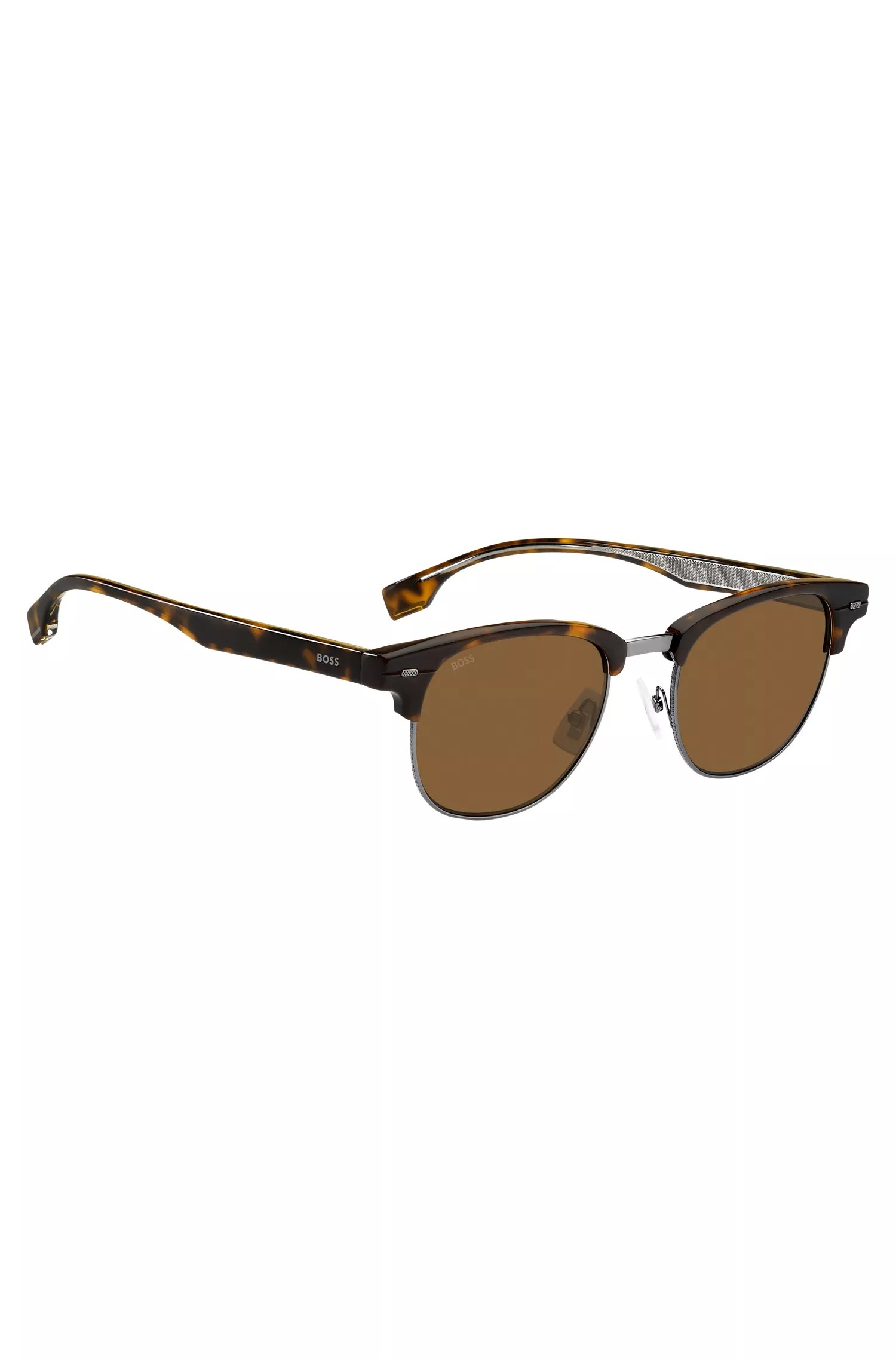 Óculos de sol BOSS em acetato preto Havana com núcleo de metal visível.