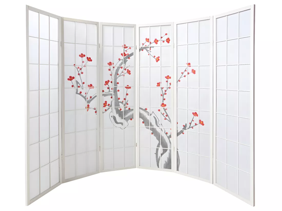Paravent japonais fleur de cerisier en bois blanc de 6 pans, L264 x H175 x P2 cm
