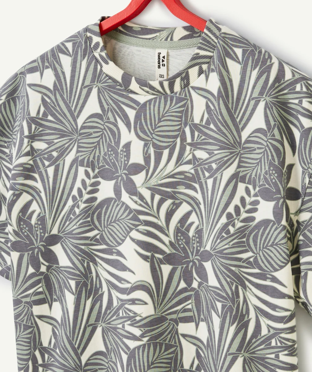 t-shirt garçon en coton bio imprimé feuillage vert et gris