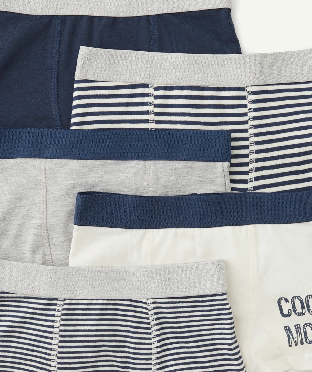 LOT DE 5 BOXERS GARÇON EN COTON BIO BLEU ET BLANC À RAYURES