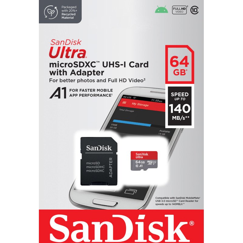 Carte mémoire micro SDHC Sandisk avec adaptateur SDXC 64 Go - classe 10