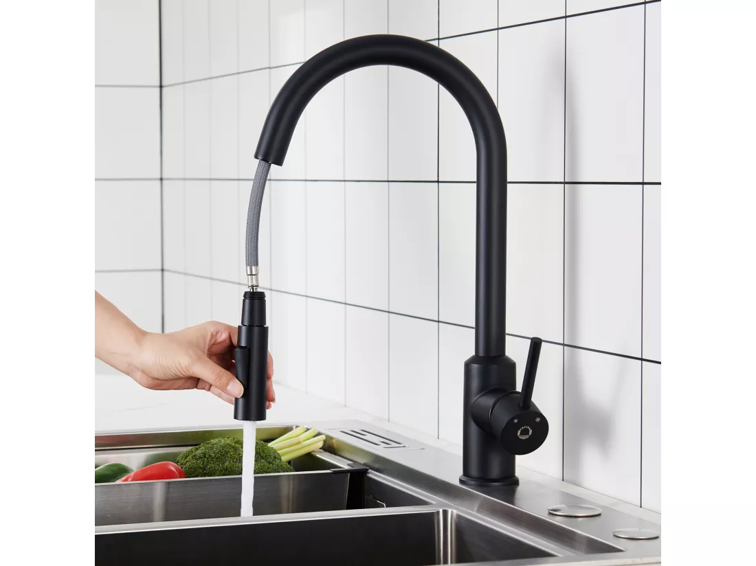 Cecipa max Évier 1 Bac Inox avec Panier de Drainage - Évier de Cuisine Noir 60×45×18 cm + Mitigeur avec Douchette Extractible Rotatif à 360 ° Noir