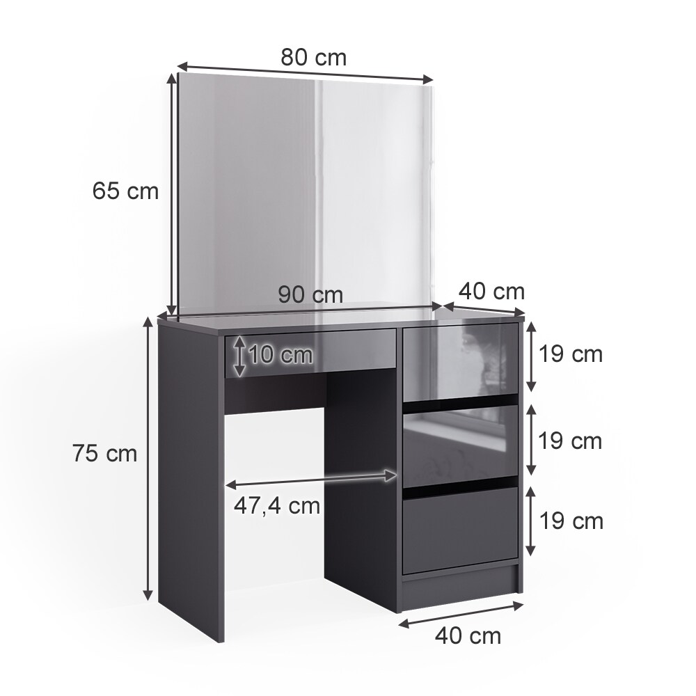Vicco Schminktisch Sherry Anthrazit Hochglanz, 90 x 75 cm, Spiegel, Frisiertisch