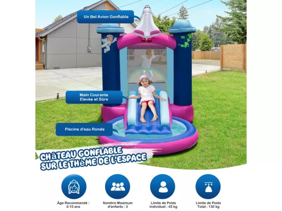 Toboggan Aquatique Gonflable Thème de l'espace avec Gonfleur 480 W Piscine à Eclaboussures Toboggan Portable,Sac de Transport et Piquets