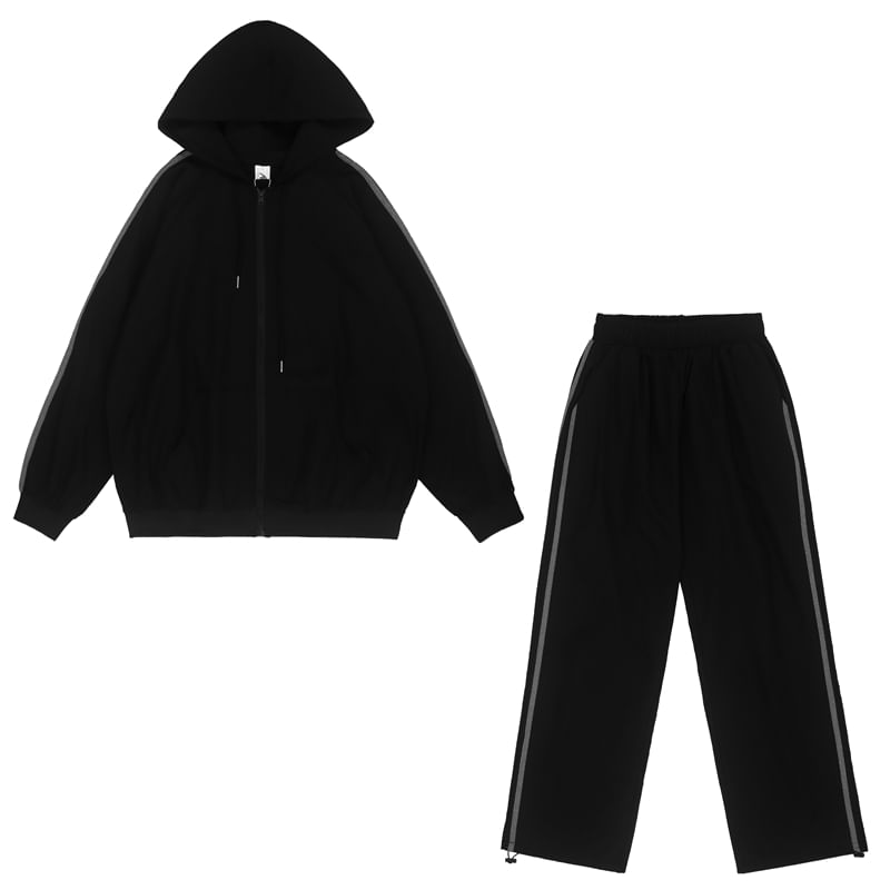 MELLO - Set: Gestreept jack met capuchon en rits + Harembroek met hoge taille en trekkoord